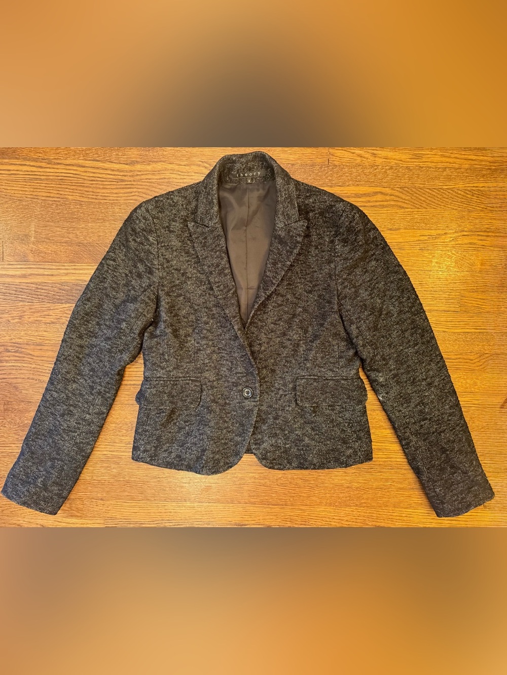 Theory Black Charcoal Contemporary Textured Wool Blend Tweed Blazer Size 8